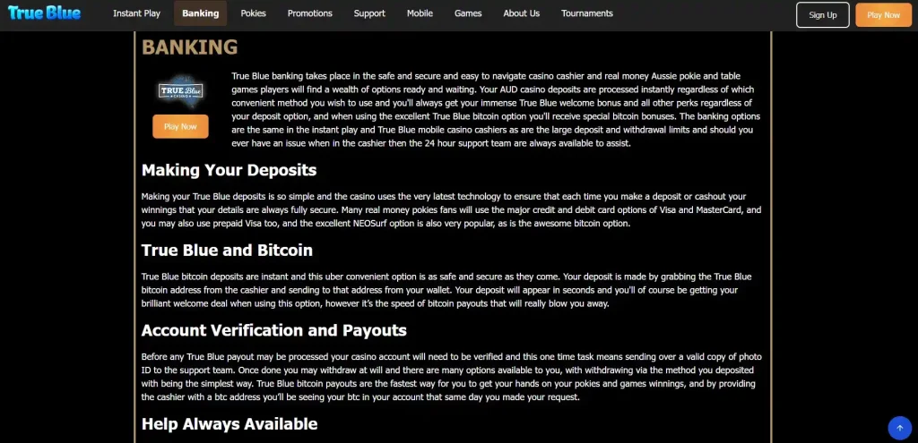 Current True Blue Casino banking page showing payment methods and AUD context
