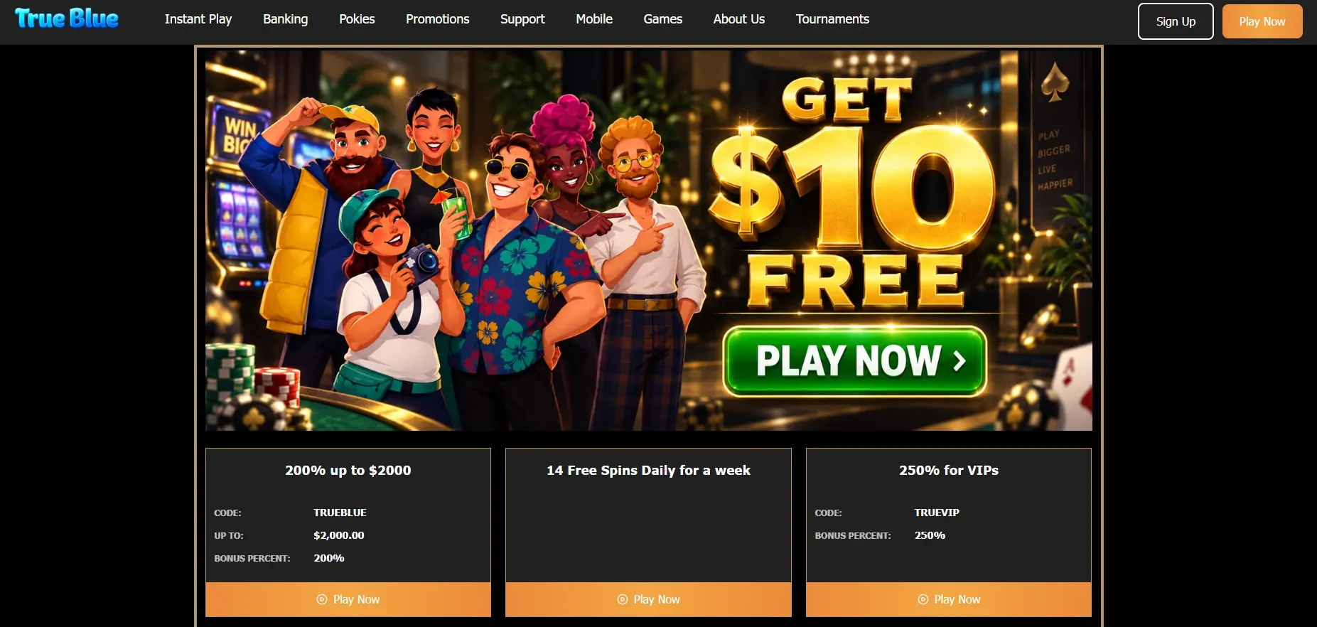 Current True Blue Casino branded homepage and header