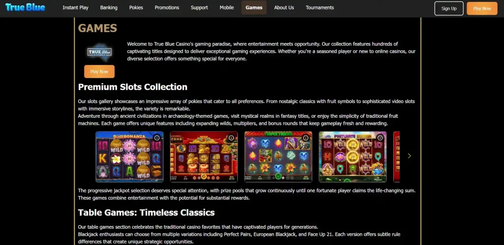 Current True Blue Casino games catalogue showing pokies and table-game categories
