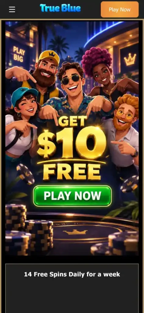 Current True Blue Casino mobile presentation at phone width