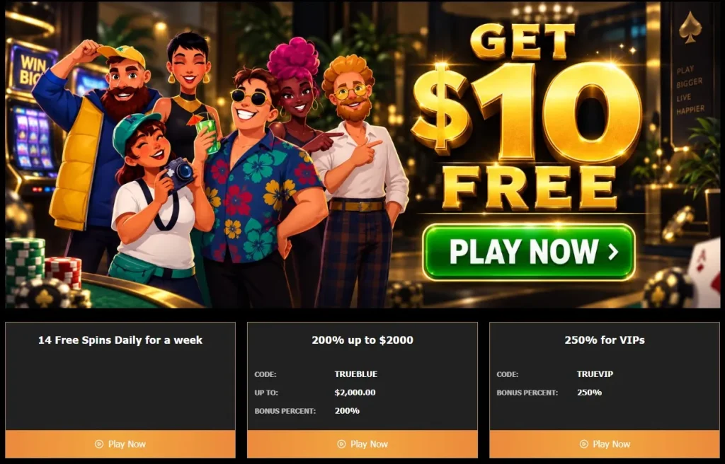 Current True Blue Casino promotions page showing the headline welcome offer