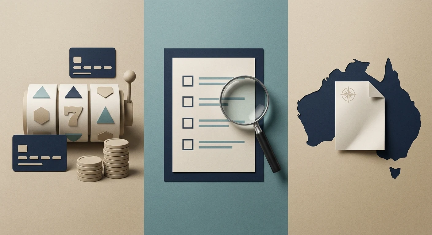 Editorial illustration separating casino product features, player checks and Australian regulatory context
